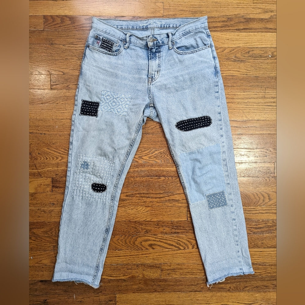 Hand sewn sashiko light wash jeans patched
